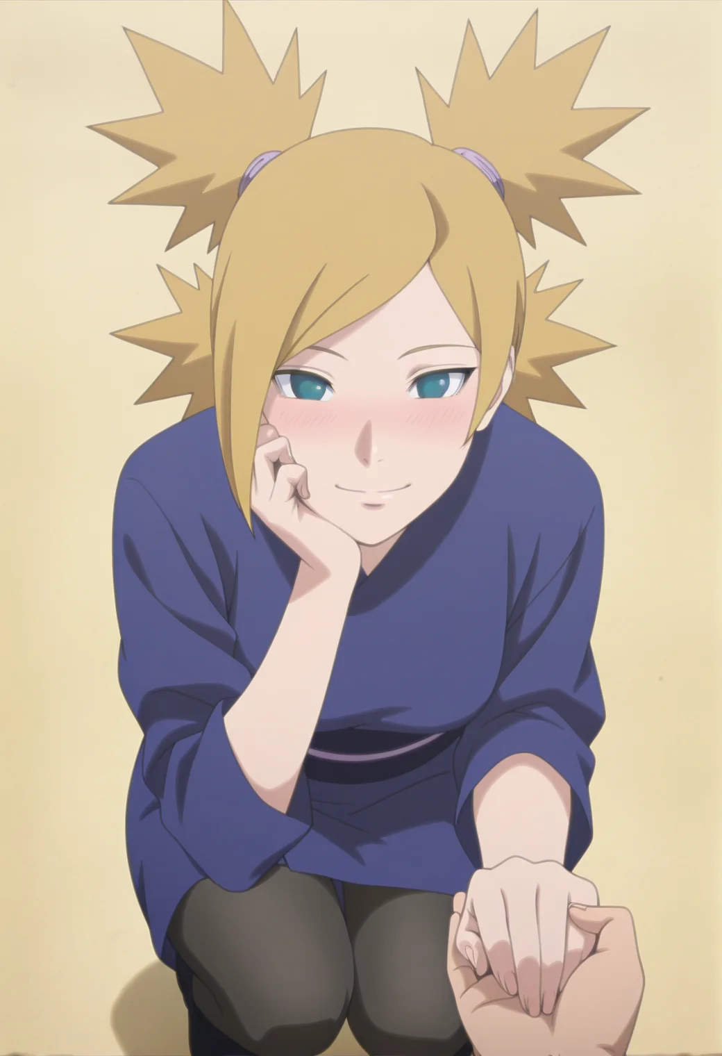anime screencap, anime coloring, <lora:DX888Temari:1> nara temari, green eyes, blonde hair, quad tails, parted bangs,, BREAK short kimono, obi, pantyhose, open-toe boots, BREAK simple background, yellow background, BREAK 1boy, 1girl,closed mouth, hand on own cheek, hand on own face, (holding hands:1.2), looking at viewer, pov, pov hands, blush, smile, squatting, from above,