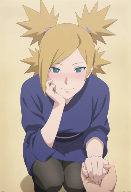 anime screencap, anime coloring,   <lora:DX888Temari:1> nara temari, green eyes, blonde hair, quad tails, parted bangs,,  BREAK  short kimono, obi, pantyhose, open-toe boots, BREAK simple background, yellow background, BREAK 1boy, 1girl,closed mouth, hand on own cheek, hand on own face, (holding hands:1.2), looking at viewer, pov, pov hands, blush, smile, squatting,  from above,