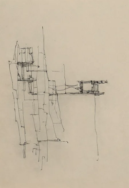 a professional hand sketch of architecture,
(POV view , DOF, first people view from the entrance, low angle shot:1.4),
(Ancient civilization, Alien Prometheus movie scene, dune movie scene:1.5), (The colonial city of the future, in the mist-filled Grand Canyon, on an unknown Earth-like planet, 2 moon on sky, Spaceship flight connects colonies, waterfulls:1.3), (Machu Picchu, a mountain settlement, incredibly spectacular:1.2), (Mario Botta:1.3), (avant-garde, future, reality, science fiction, photorealistic), (modern architecture:1.2), White limestone with black granite, fountain, waterfall, landmark, square, path, narrow street,
(Large Files, Ultra Realistic, 8K, 16k, FHD, HD, VFX, Perfect, Photography, composition, Architecture Sales Photography, Architecture Competition, Ultra High Resolution, Cinematography, High Resolution Image:1.1), (dramatic lighting, direct sunlight, ray tracing, clear shadow:1.2),  (real landscape:1.1), (blurred background:1.0), (urban background, more_details) ,
great lighting, extremely detailed, hillscastel, Neo Classic, Architecture sketch