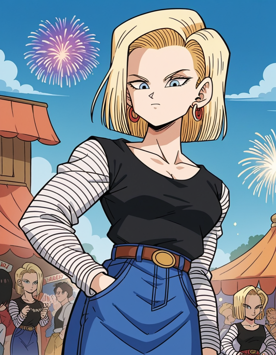 score_9, score_8_up, score_7_up, source_anime, <lora:android-18-anime-ponyxl-lora-nochekaiser:1>, android 18, blonde hair, blue eyes, eyelashes, hoop earrings, short hair, earrings, belt, black legwear, black shirt, breast pocket, cleavage, collarbone, denim, denim skirt, high-waist skirt, jewelry, long sleeves, pocket, shirt, shirt tucked in, skirt, striped, striped sleeves, waistcoat,, festival, fireworks, summer night, food stall, traditional, cowboy shot, dutch angle