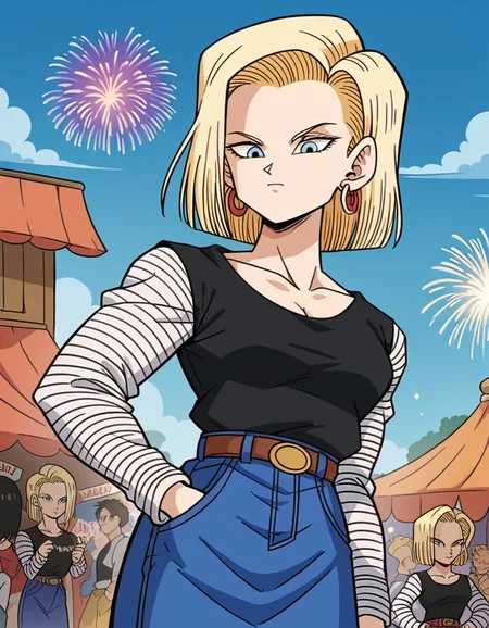 score_9, score_8_up, score_7_up, source_anime, <lora:android-18-anime-ponyxl-lora-nochekaiser:1>, android 18, blonde hair, blue eyes, eyelashes, hoop earrings, short hair, earrings, belt, black legwear, black shirt, breast pocket, cleavage, collarbone, denim, denim skirt, high-waist skirt, jewelry, long sleeves, pocket, shirt, shirt tucked in, skirt, striped, striped sleeves, waistcoat,, festival, fireworks, summer night, food stall, traditional, cowboy shot, dutch angle
