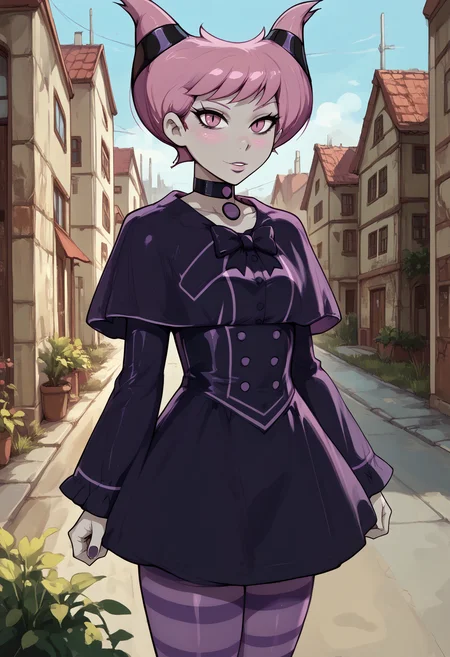 score_9, score_8_up, score_7_up, score_6_up, score_5_up, censored, best quality, high detail, <lora:StS_PonyXL_Detail_Slider_v1.4_iteration_3:4>, <lora:add-detail-xl:2>, <lora:NM_jinx_18tt:1>, BREAK NM_jinx_18tt, 1girl, solo, purple eyes, horns, pink eyes, colored skin, pink hair, purple hair, short hair, dress, purple dress, long sleeves, choker, capelet, pantyhose, striped, striped pantyhose, buttons, outdoors, looking at viewer, <lora:reiq_style:1>