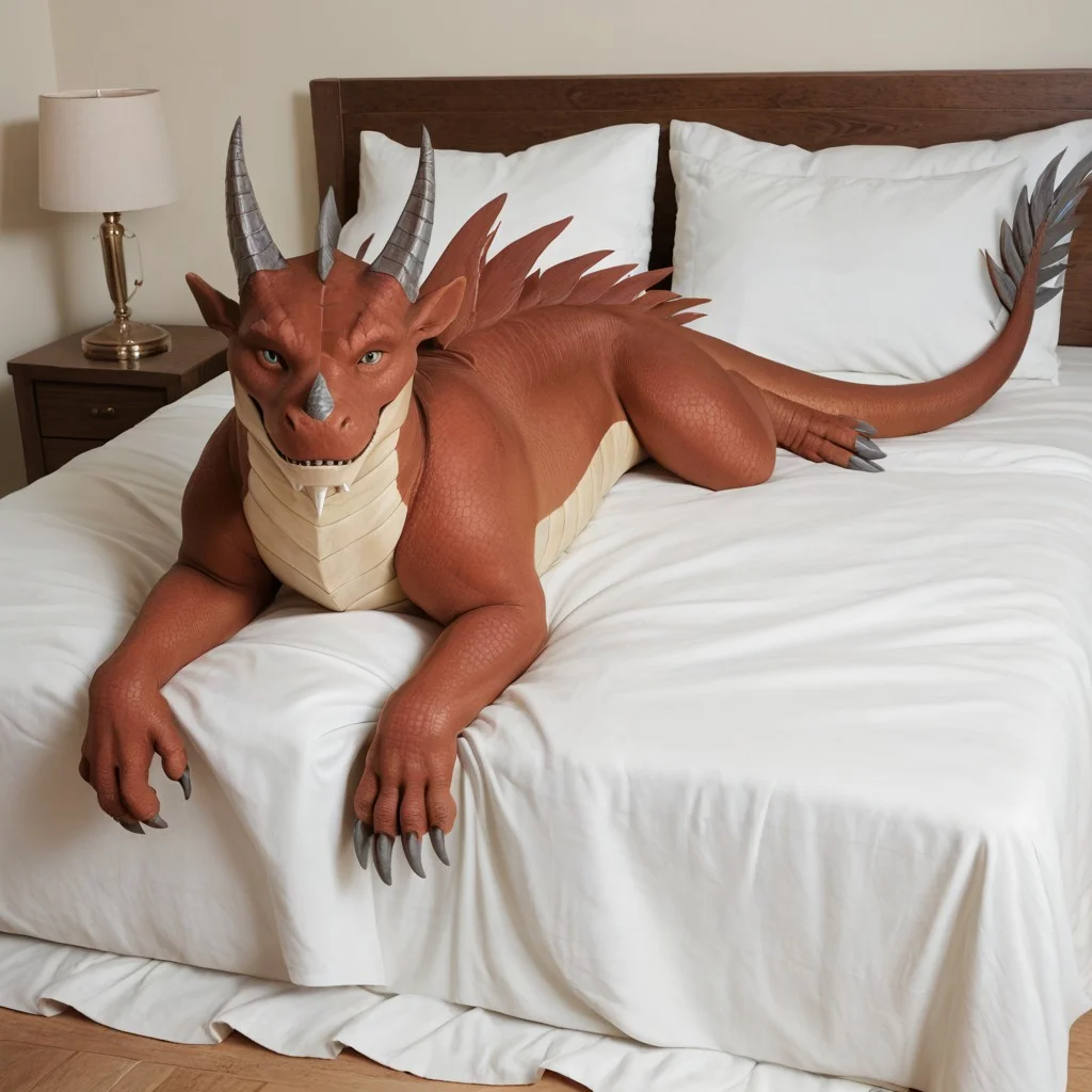 score_9, score_8_up, score_7_up, score_6_up, masterpiece, high quality, realistic, detailed, best quality, 1boy, solo, rating_safe, source_furry, bedroom, white bed, smiling, (looking at viewer:1.1), friendly, lying on bed, negative_hand, Bryce_awsw, dragon, red scales, horns, tail, claws, feral, closeup