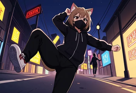 Aisaka_Taiga, 1girl, solo, flat chest, brown_eyes, catgirl, hoodie, from below, ground view, black mask, face mask, black hoodie, street, night, narrow street, dark, agressive, suburban, neon lights, street, step on, sneakers, fighting, sole, leg up, jumping, black pants