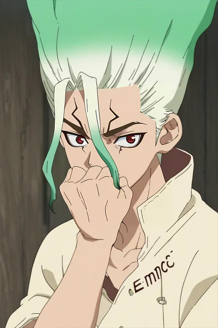 score_9, score_8_up, score_7_up, source_anime, anime screencap, , , looking at viewer, upper body, depth of field, 1boy, solo, male focus, <lora:senkuu_ishigami_pony:0.92>, senkuu_ishigami, green hair, red eyes, multicolored hair, two-tone hair, white hair, facial mark, ,, science fiction time travel, Hands covering mouth, suggesting surprise or shock, <lora:sdxl_lightning_8step_lora:1>
