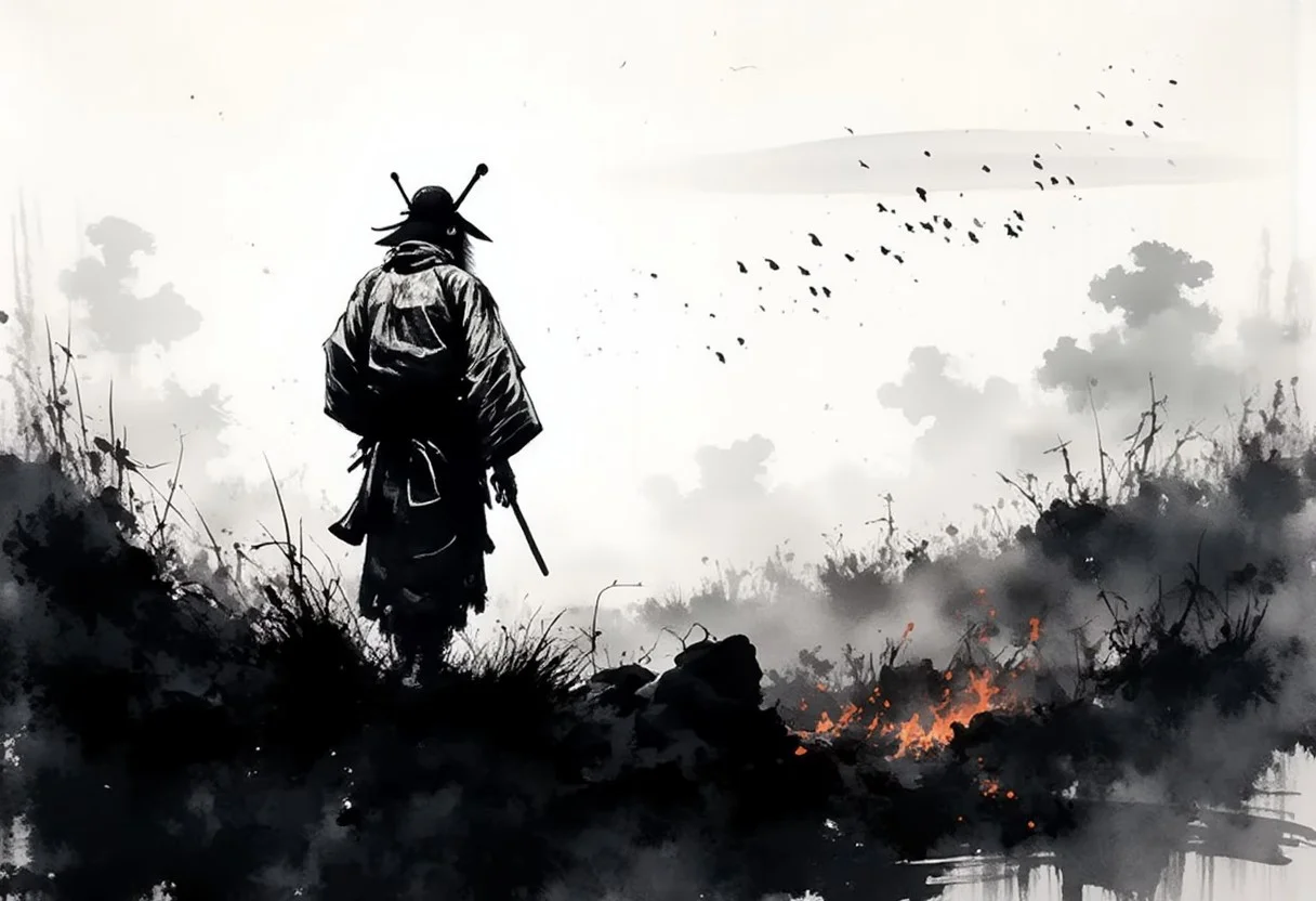 Amidst an endless field of tall, whispering grass, a lone samurai warrior stands motionless, his silhouette etched against the sky like a forgotten ink painting. His posture is steady yet brimming with untamed energy, his multiple katanas resting at his side, blades reflecting the glow of embers smoldering on the ground. His topknot, carelessly tied, unravels slightly in the wind, stray strands dancing like ghosts of past battles. A flock of birds ascends in the background, their dark forms fleeting against the shifting clouds, as if sensing an impending storm. The entire scene is rendered in an evocative black-and-white ink style, where bold brush strokes and delicate shading capture the essence of a traditional Japanese aesthetic. Shadows stretch across the uneven terrain, and the embers pulse faintly, illuminating the lingering scent of fire and steel. Dramatic contrast amplifies the interplay of serenity and tension, a moment suspended between peace and the specter of violence. The composition is deeply cinematic, a portrait of a warrior both tranquil and formidable, lost in thought yet ready to strike at any moment, embodying the timeless spirit of bushidō. ink and brushstroke dismrt style.