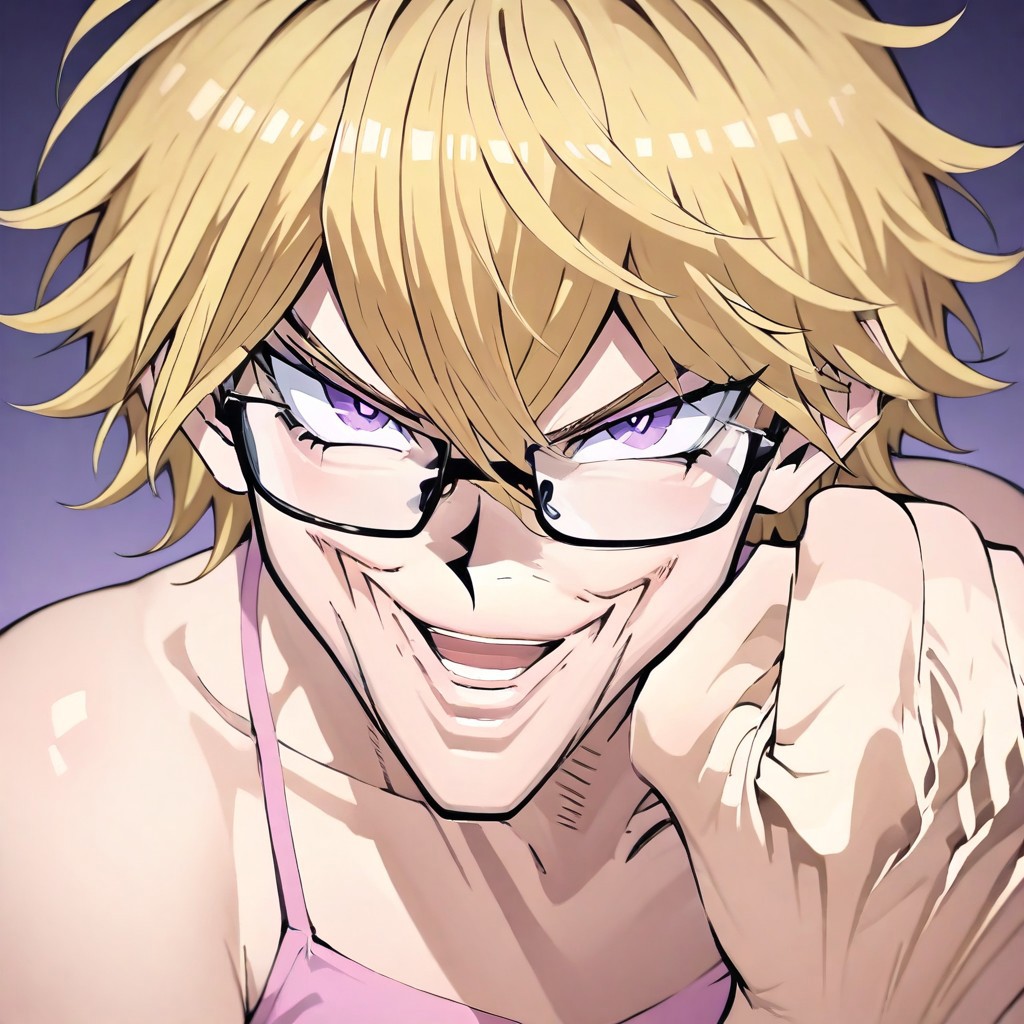 Joey_Chin_A, Hand up, LOOKING AT VIEWER, CLENCHED HAND, PORTRAIT, smile, open mouth, sustaco, black glasses, short hair, blonde hair very messy hair, purple eyes, black glasses, solo, pink camisole, femboy,