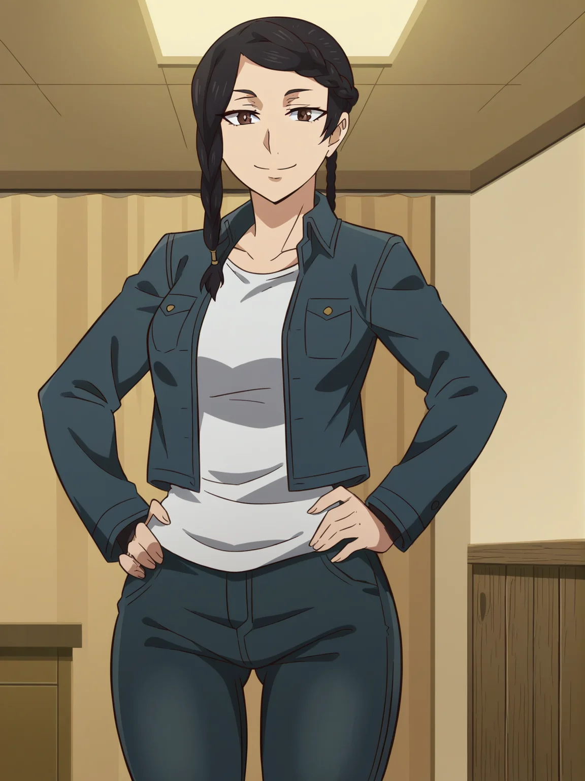<lora:ANZELICA_VARLEY:1>,anze,1girl,braid,black hair,brown eyes,jacket,shirt,denim,smile,cowboy shot,wide hips,hand on own hip,looking at viewer,indoors