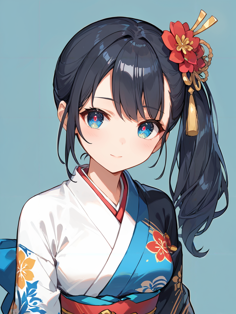 score_9, score_8_up, score_7_up,source_anime, high res image,masterpiece,best quality,(girl:1.0),cute face,clear skin,shiny hair,ultra detailed eyes,simple background, dress,<lora:side ponytail_pony_V1.0:0.6> side ponytail, long hair,kimono