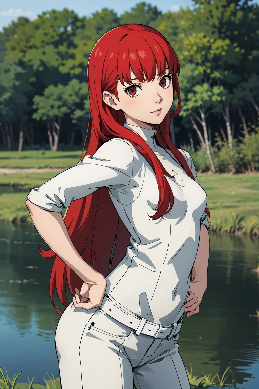 (best quality:1.2), 1girl, (dynamic angle, hands on hips, :q, red hair, absurdly long hair, cornrows, small_breasts, wetland),