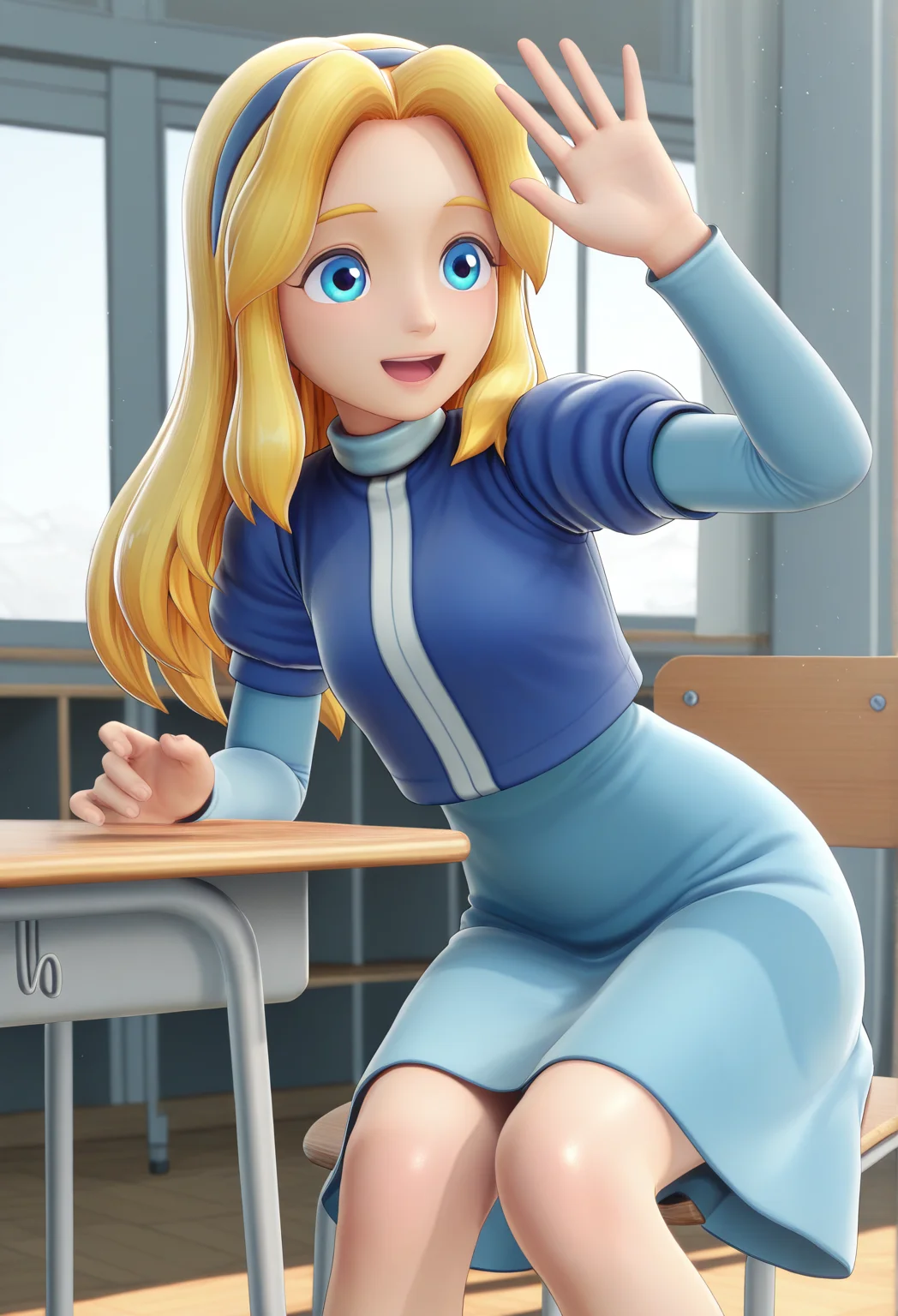 masterpiece, best quality, amazing quality, highres, absurdres, intricate detail, 3d, 1girl, solo, sxsgmaria_robotnik, long hair, blonde hair, blue hairband, blue eyes, blue dress, puffy sleeves, medium skirt, school, desk, hand_up, hand raised up, sitting, happy, classroom