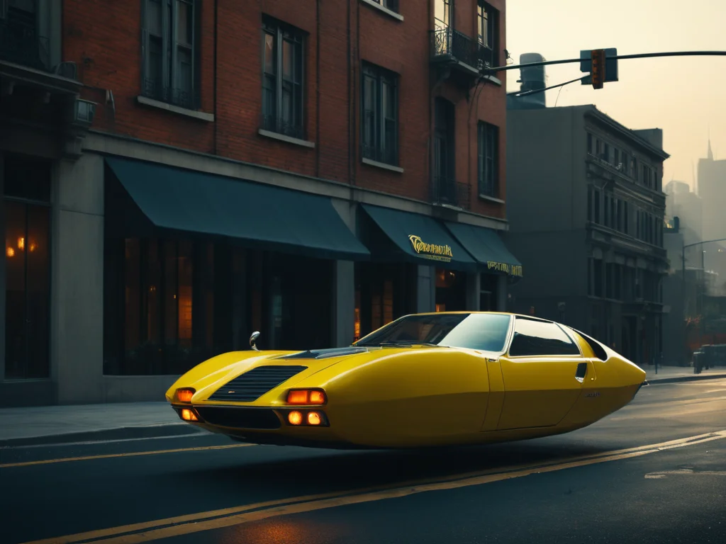 hovering car, <lora:Hovering_Car_SDXL_v1:1>Hovering_Car, 1970, city streets, no wheels,, (1970s automobile) retro cyberpunk style, clean lines, sharp edges, streamline, (futuristic concept car:1.2), detailed, vintage style, hyper realistic, 16k, cinematic lighting, wide shot, f/3.6, gotham city background, gloomy, haze, perfect composition, beautiful detailed intricate insanely detailed octane render trending on artstation, 8 k artistic photography, photorealistic concept art, soft natural volumetric cinematic perfect light, chiaroscuro, award - winning photograph, masterpiece, oil on canvas, raphael, caravaggio, greg rutkowski, beeple, beksinski, giger