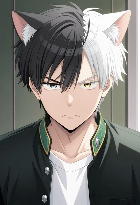 masterpiece,best quality,amazing quality, source_anime,
sakuharuka, 1boy, male focus, solo, heterocromia, grey eyes, yellow eyes, split-color hair, black hair, white hair, school uniform, jacket, black jacket, open jacket, shirt, white shirt, cat ears, frown,