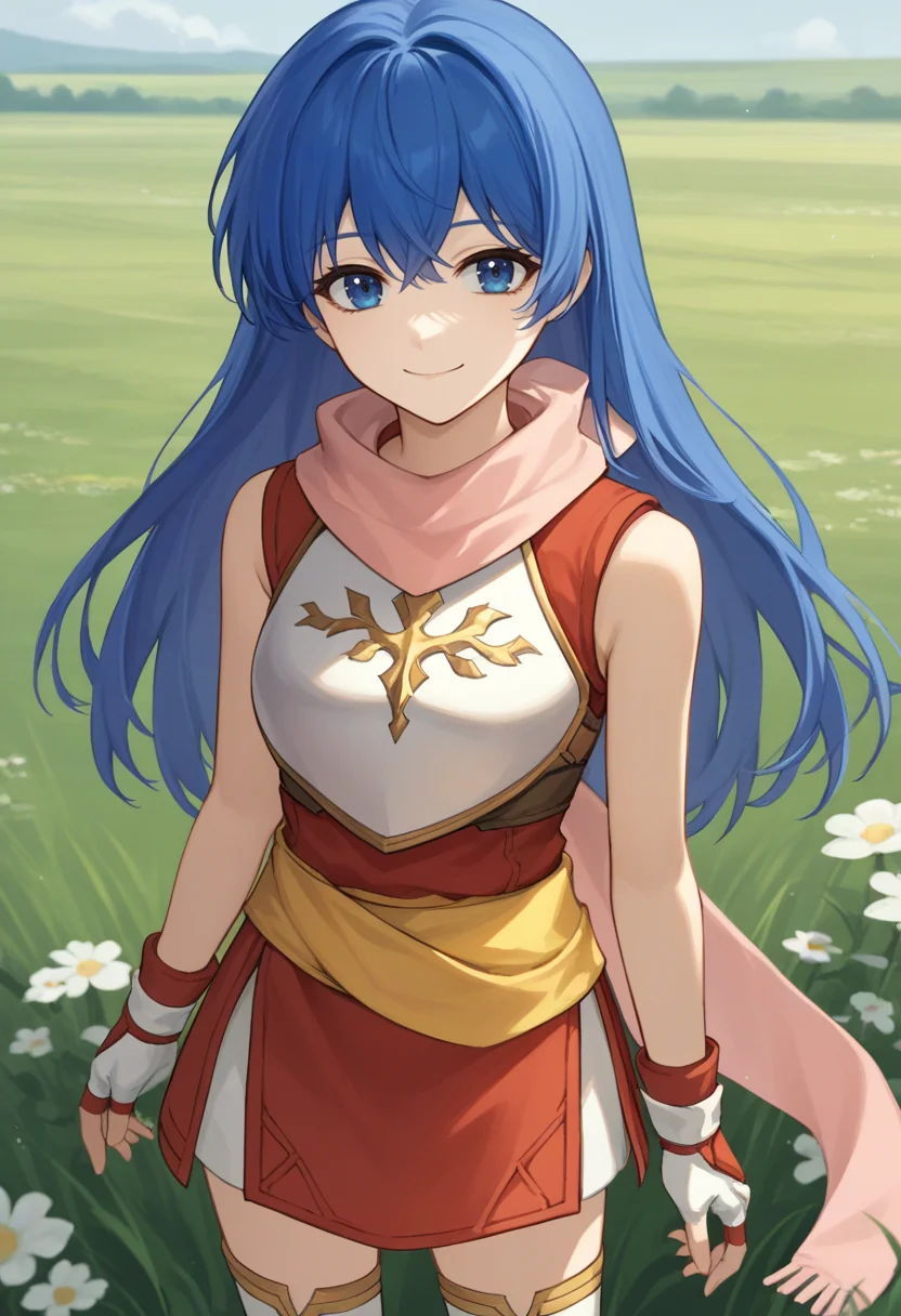 score_9, score_8_up, score_7_up, source_anime BREAK 1girl, solo, <lora:caeda-fe-richy-v1_pdxl:1> caedaprc, blue eyes, blue hair, long hair, bangs, pink scarf, red shirt, breastplate, sleeveless, white gloves, fingerless gloves, yellow sash, white thighhighs, smile, looking at viewer, standing, field, fantasy