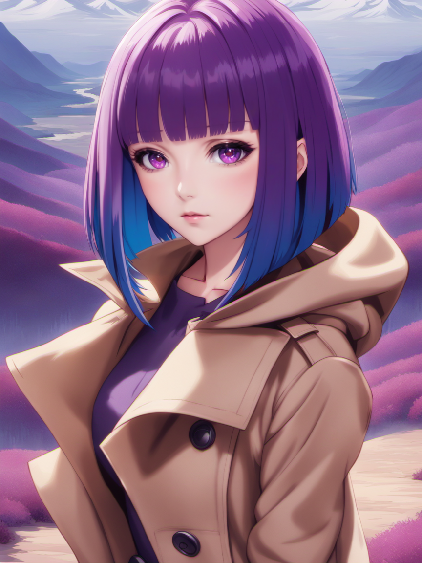 anime artwork beautiful woman with purple hair (sliced_bob) <lora:xl_sliced_bob-1.0:0.8>,
(lunar landscape),
extreme close-up,
confident stance,
envious,
trench coat with a hood . anime style, key visual, vibrant, studio anime,  highly detailed