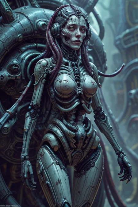 masterpiece,best quality,absurdres,high details,8K,photorealistic,amazing body,at distance,cowboy shot,thigh gap,1girl,<lora:detail_slider_v4:3>,<lora:Concept_-_Hella-sthetic_v2:0.5>,<lora:necrontyan:0.3>,necrontyan,colored skin,grey skin,robot,robot joints,joints,colored sclera,black sclera,green eyes,warhammer 40k,<lora:scorn_style_v01:0.7>,scornstyle,science fiction,tentacles,surreal,bio mechanical,bones,skull,, intricate, elegant, highly detailed, symmetry, magical atmosphere, sharp focus, majestic, very coherent, radiant, advanced, cinematic, artistic, fine detail, winning, beautiful, stunning, dramatic light, designed, rich deep colors, perfect professional background, ambient, tailored set composition
