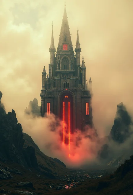 A wide-screen landscape on another planet, enveloped in a dense, neon-colored fog that blankets the entire scene with a surreal, glowing haze. The fog pulses in shades of grey-yellow, red, and beige, casting an otherworldly light across the terrain. Jagged, alien rock formations rise from the ground, their sharp edges softened by the mist. The landscape is barren, with patches of luminous vegetation glowing faintly in the distance, adding an ethereal quality to the alien world.
In the center of the scene, towering above the mist, looms a massive, foreboding sci-fi fortress that resembles a hybrid between a medieval prison and a dystopian citadel. Its immense, monolithic structure is reinforced with thick, obsidian-like walls lined with pulsating red and violet energy barriers. Jagged spire-like towers rise ominously into the sky, each adorned with glowing runes and harsh, angular metal plating. The architecture is brutally functional, built for confinement and control, with massive barred windows, heavy blast doors, and towering watchtowers scanning the terrain with piercing searchlights.
The fortress’s central keep is a grotesque fusion of gothic arches and cold, industrial machinery, its surface bristling with antennae, exposed conduits, and alien security systems. A series of colossal chains extend from its highest towers, vanishing into the dense fog as if anchoring the structure to unseen forces. Below, a deep chasm surrounds the fortress, filled with shifting, luminescent mist that swirls ominously around the base. The entire structure radiates a menacing presence, standing as a grim monument to control, imprisonment, and an ancient, unyielding authority.