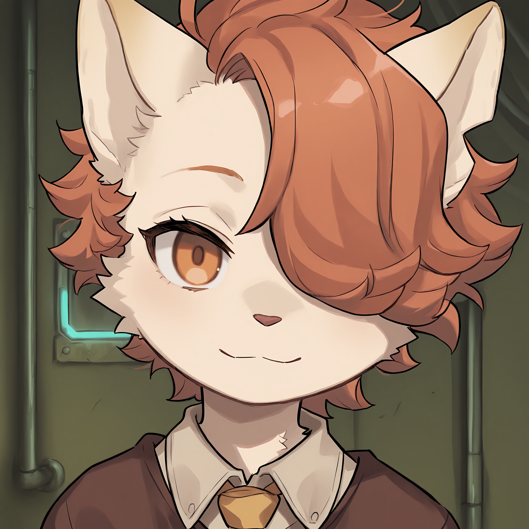 BREAK, <lora:Kyle_Bavarois_V1_Illustrious:1>, kyle bavarois, fuga: melodies of steel, kemono, furry male, cat boy, young male, 1boy, cream fur, short hair, orange hair, hair over one eye, orange eyes, animal ears, cat ears, 
BREAK, fuga 2 outfit, brown sweater, tan undershirt, yellow necktie,
BREAK, (solo), face focus, close-up, looking at viewer, gentle smile,