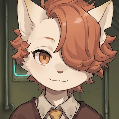 BREAK, <lora:Kyle_Bavarois_V1_Illustrious:1>, kyle bavarois, fuga: melodies of steel, kemono, furry male, cat boy, young male, 1boy, cream fur, short hair, orange hair, hair over one eye, orange eyes, animal ears, cat ears, 
BREAK, fuga 2 outfit, brown sweater, tan undershirt, yellow necktie,
BREAK, (solo), face focus, close-up, looking at viewer, gentle smile,