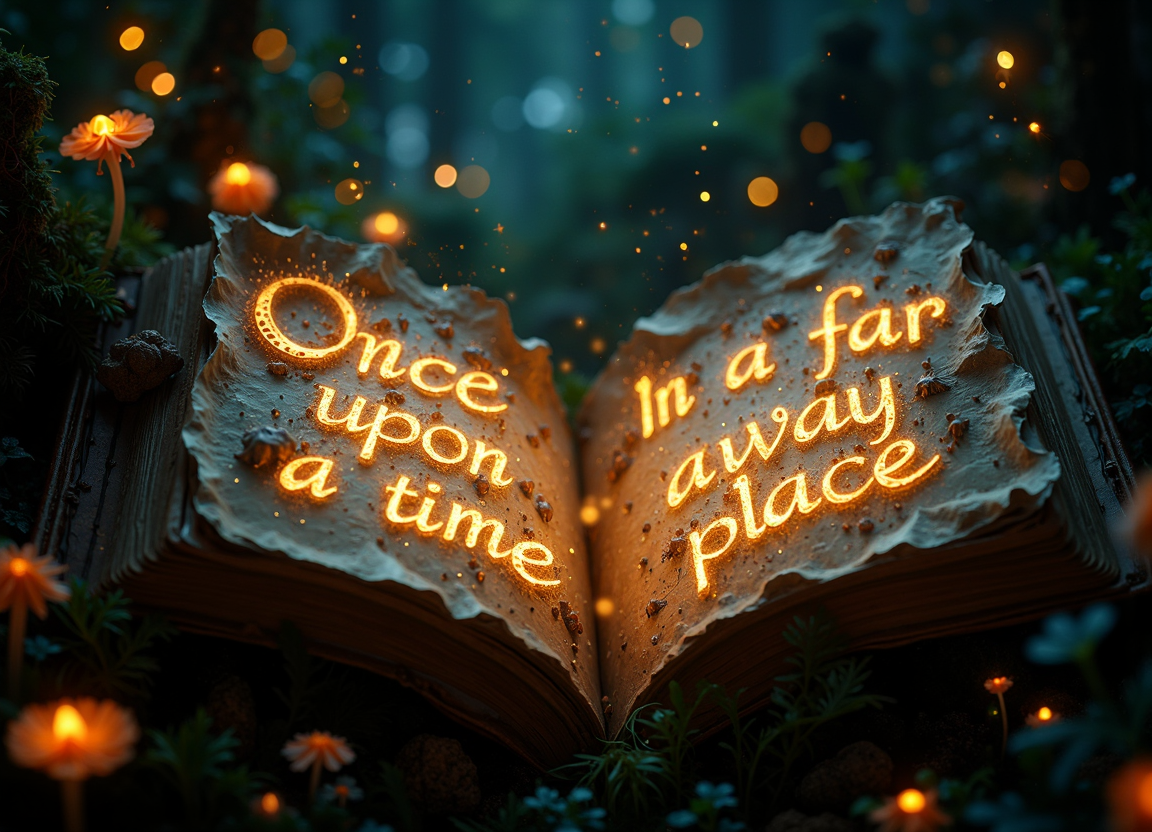 An over-the-shoulder view of a fairy reading a magical book. The ancient tome lies open on her lap, its pages weathered and deckle-edged. The left page prominently displays "Once upon a time" in glowing, stylized text that hovers just above the parchment. Each letter pulses with soft, golden light, featuring ornate, swirling flourishes. On the right page, "In a far away place" shimmers in cooler-hued, equally mesmerizing script. The words seem to shift and dance, as if about to materialize into reality. Delicate illustrations animate the borders, with tiny creatures flitting between lines. The fairy's luminescent fingers rest on the book's edge, her wings folded behind her. The surrounding forest glade is soft-focused, with bioluminescent mushrooms and fireflies complementing the book's radiance. The magical text serves as the primary light source, bathing the scene in an ethereal glow