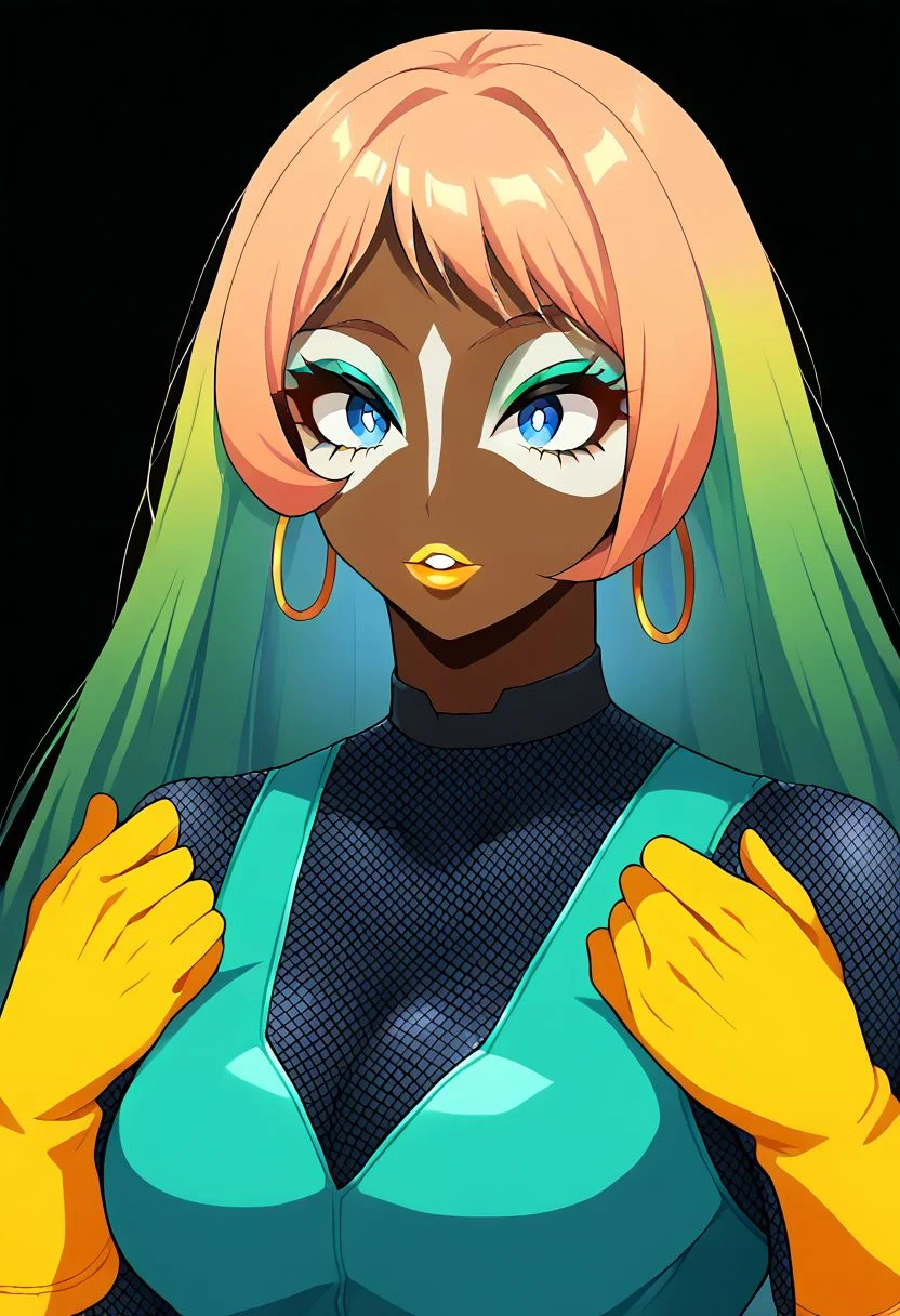 Score_9, score_8_up, score_7_up, score_6_up, source_anime, 1girl, solo, long hair, black background, neon glow, emerald gradient hair, yellow highlights, hoop earrings, dark-skinned female, tattoo, colored skin, BREAK, (yamanba, white facepaint makeup:1.3), face stickers, pursed yellow lips, parted lips, eyeshadow, very dark skin, makeup, leopard print, choker, off-the shoulder crop top, (metallic glitter), feather boa, fishnet shirt, jewelry, white face tattoo, large intricate hair accessories, nejire hadou, blue eyes, long hair, horns, blue bodysuit, bodysuit, drill hair, gloves, green bodysuit, multicolored bodysuit, multicolored clothes, yellow gloves,