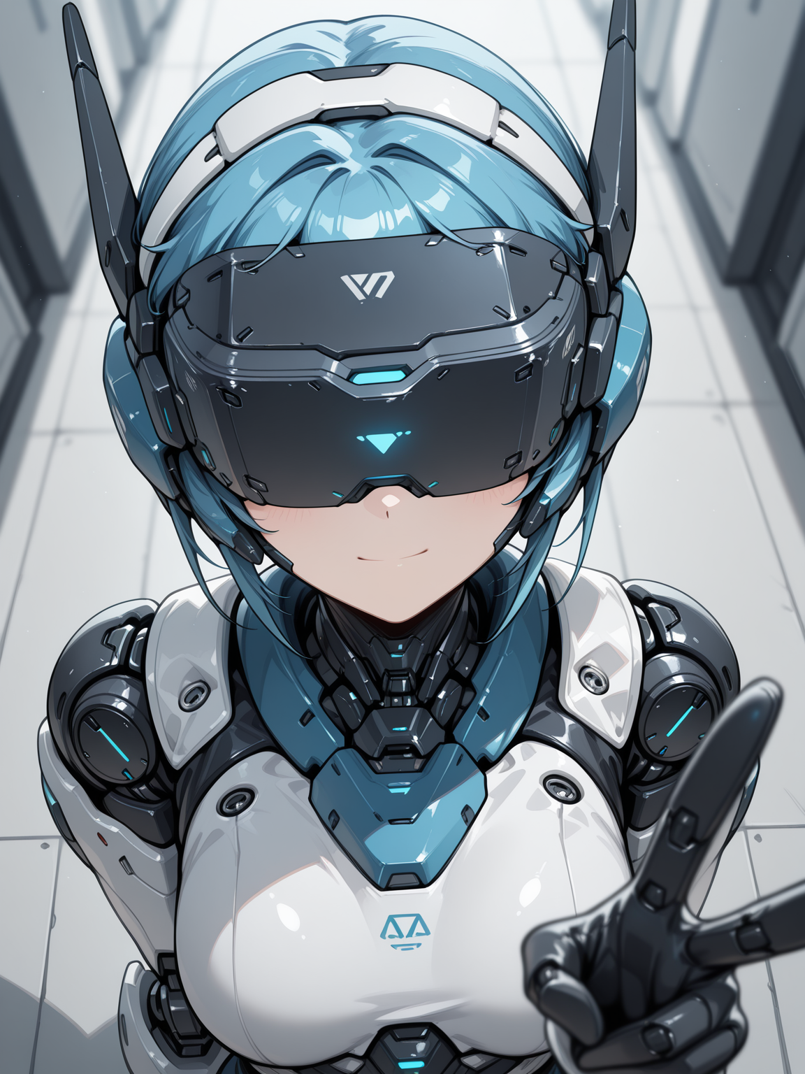 masterpiece,best quality,amazing quality,very aesthetic,absurdres,newest,
BREAK,
, science fiction, , head-mounted display, portrait, 
solo, ,1girl, android, headgear, from above, v, facing viewer, foreshortening, depth of field, forced perspective, 
 <lora:Anachrotech_Mecha_bits_Illustrious:1> an4chr0t3ch, head-mounted display