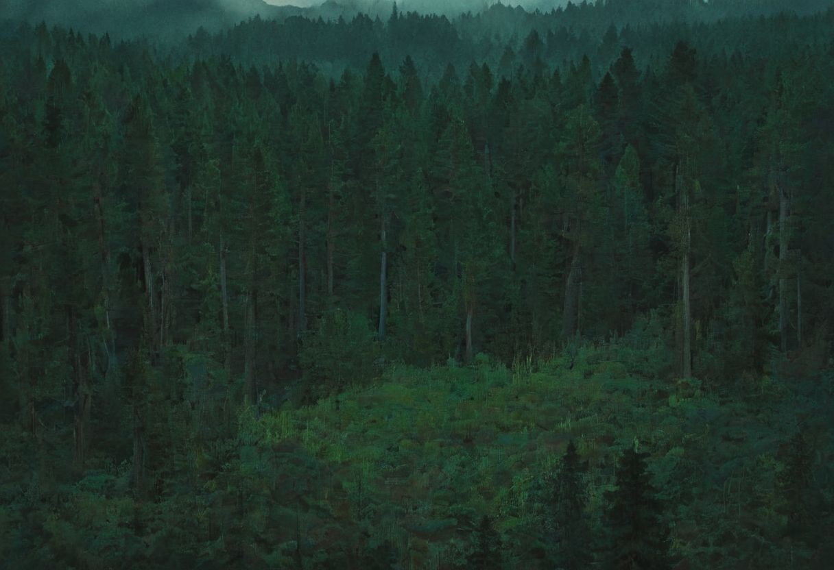 giant forest landscape,  enigmatic landscape, and moody atmosphere enhanced by studio ghibli colors