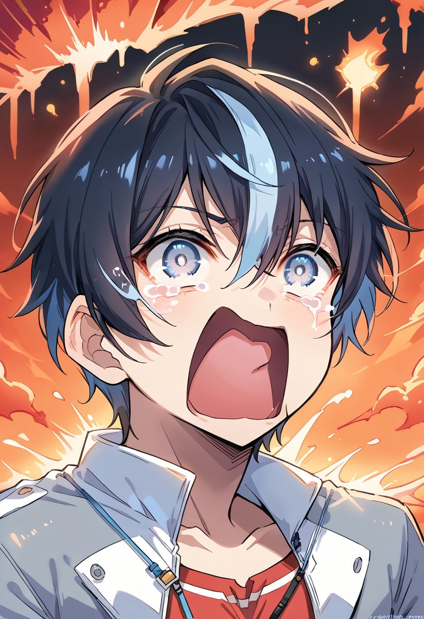 1boy, solo, score_9, score_8_up, score_7_up, source_anime, takuto_dwno, black hair, multicolored hair, gray eyes, red shirt,  gray jacket, bicep flex, upper body, smile, digital volcano background, mountain, lava, aquascreaming, screaming, open mouth, crying with eyes open