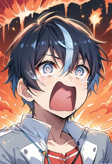 1boy, solo, score_9, score_8_up, score_7_up, source_anime, takuto_dwno, black hair, multicolored hair, gray eyes, red shirt, gray jacket, bicep flex, upper body, smile, digital volcano background, mountain, lava, aquascreaming, screaming, open mouth, crying with eyes open