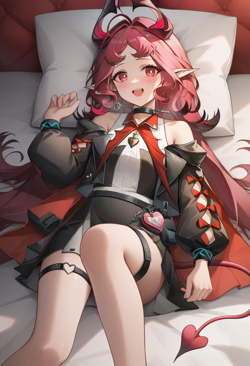 score_9,score_8_up,score_7_up,<lora:nymph_(arknights):1>,nymph_(arknights), lock, on_back, thigh_strap, white_shirt, black_jacket, sleeveless_shirt, blush, long_sleeves, knee_up, black_choker, on_bed, pillow, 1girl, open_mouth, skirt, bare_shoulders, looking_at_viewer, solo, demon_girl, smile