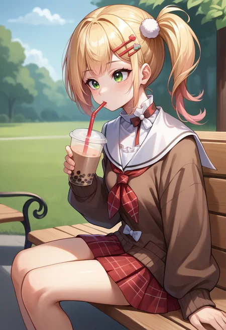 score_9, score_8_up, score_7_up, source_anime, 1girl, solo, NeneCasual, long hair, side ponytail, pom pom hair ornament, hairclip, brown sweater, white sailor collar, red neckerchief, red skirt, plaid skirt, outdoors, sitting, on bench, drinking, sipping, straw, bubble tea, <lora:ChamMomosuzuNenePonyXL:1>