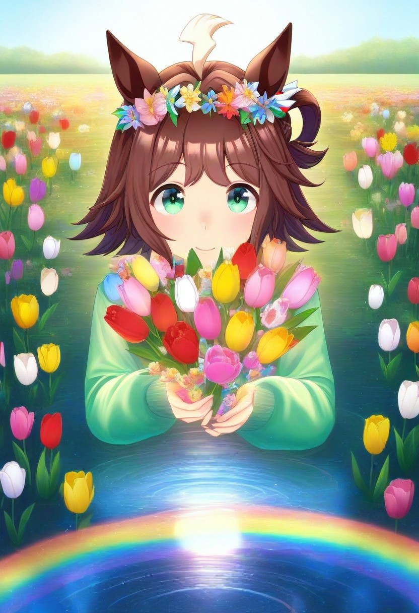 (umamusume, rhein_kraft_(umamusume), horse_ears, horse_girl, tail, 1girl, Tulip, animal_ears,), 
casual, field, flower, flower_field, green_eyes, hair_between_eyes, hair_ornament, 
head_wreath, looking_at_viewer,  solo, , symmetric ,spiralling vortex made of multicoloured tulips,ripples, reflective, jaynl-tm, rainbow, , g0ldsw0rthy,
(realistic, photo,  artistic, medium_hair, one_eye_closed, petals, relaxing,  lush foliage sunrise,  ,  : 0.7)