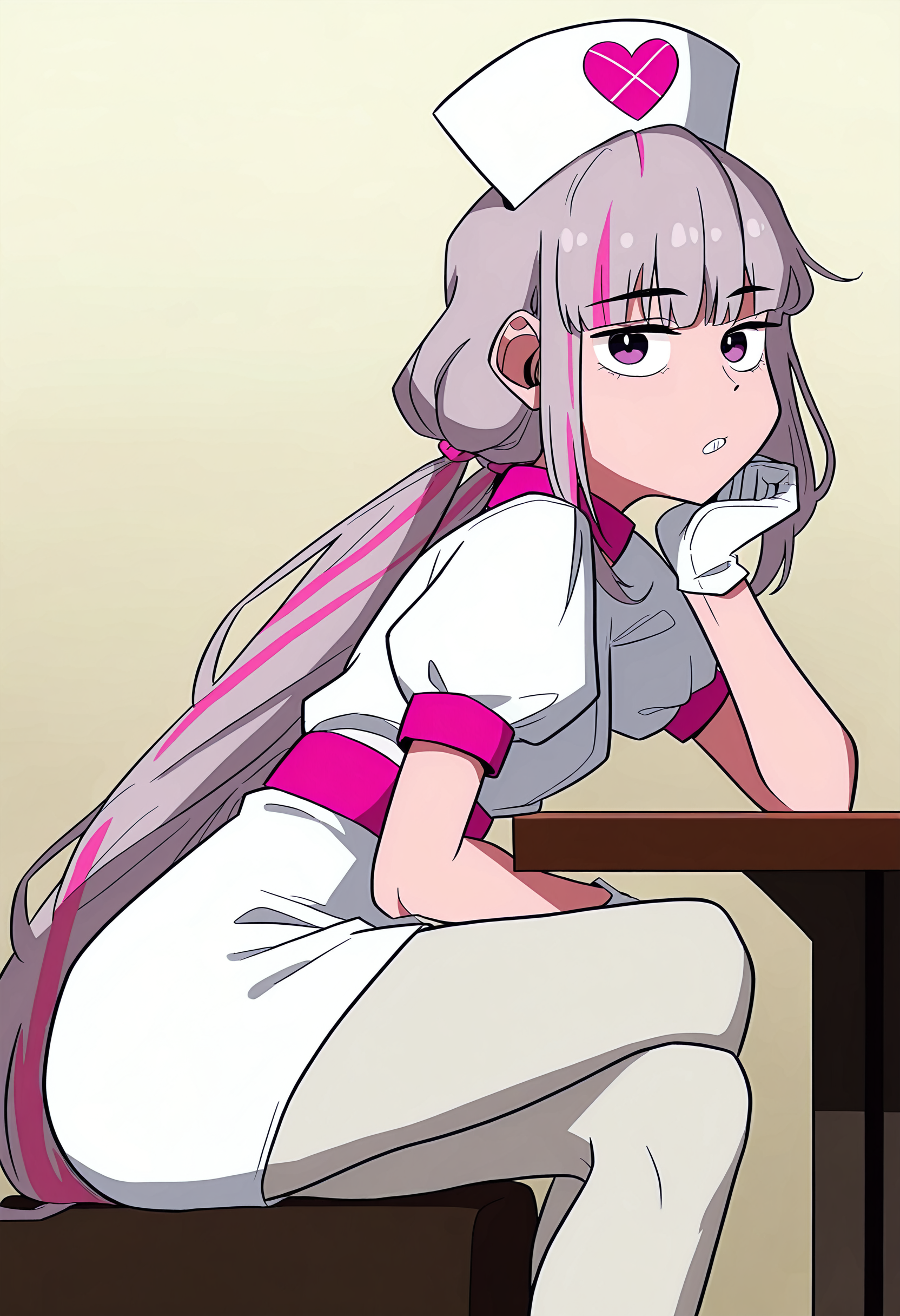 <lora:The_main_character_is_the_villain_-_Manwha_style_LoRA__Illustrious:0.8>,
mag1cal, <lora:MagicalDestroyers:0.8>,
1girl, dot nose, from side, gloves, grey hair, hand on own chin, hat, head rest, long bangs, long hair, looking at viewer, low twintails, multicolored hair, nurse cap, pantyhose, parted lips, pink hair, puffy short sleeves, puffy sleeves, purple eyes, shirt, short sleeves, sidelocks, skirt, solo, streaked hair, teeth, twintails, very long hair, virtual youtuber, white gloves, white pantyhose, white shirt, white skirt, best quality, amazing quality, very aesthetic, absurdres