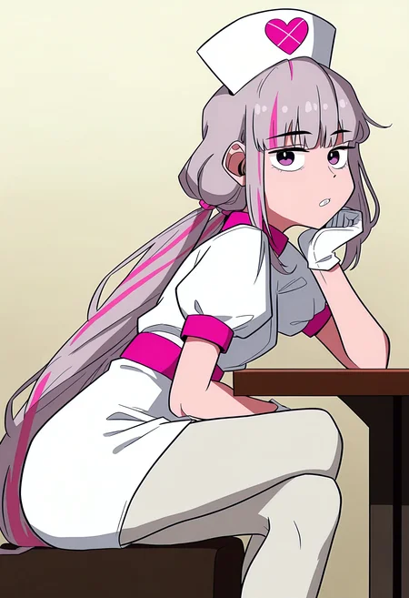 <lora:The_main_character_is_the_villain_-_Manwha_style_LoRA__Illustrious:0.8>,
mag1cal, <lora:MagicalDestroyers:0.8>,
1girl, dot nose, from side, gloves, grey hair, hand on own chin, hat, head rest, long bangs, long hair, looking at viewer, low twintails, multicolored hair, nurse cap, pantyhose, parted lips, pink hair, puffy short sleeves, puffy sleeves, purple eyes, shirt, short sleeves, sidelocks, skirt, solo, streaked hair, teeth, twintails, very long hair, virtual youtuber, white gloves, white pantyhose, white shirt, white skirt, best quality, amazing quality, very aesthetic, absurdres