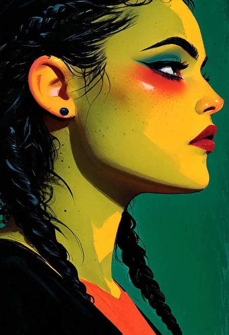 (Masterpiece, Best Quality, Highres:1.4), (dramatic, cinematic:1.2) color wash, ink wash, illustration, storytelling, Rendered in bold, expressive pop-art style with halftone textures, extreme photorealistic close-up of the profile of a young Dalelands Githyanki rogue Her exquisite face is delicately crafted—porcelain-smooth, with a small nose, prominent cheekbones, dark eyeshadow and olive-green lips. Her natural black hair is tightly braided in badinka style, aidmamj6.1, 3xpr3sgg0th1cn30n1nc4s3, ExpresHGothicNeonIncaseUOC, ExpresHGothicNeonIncase,