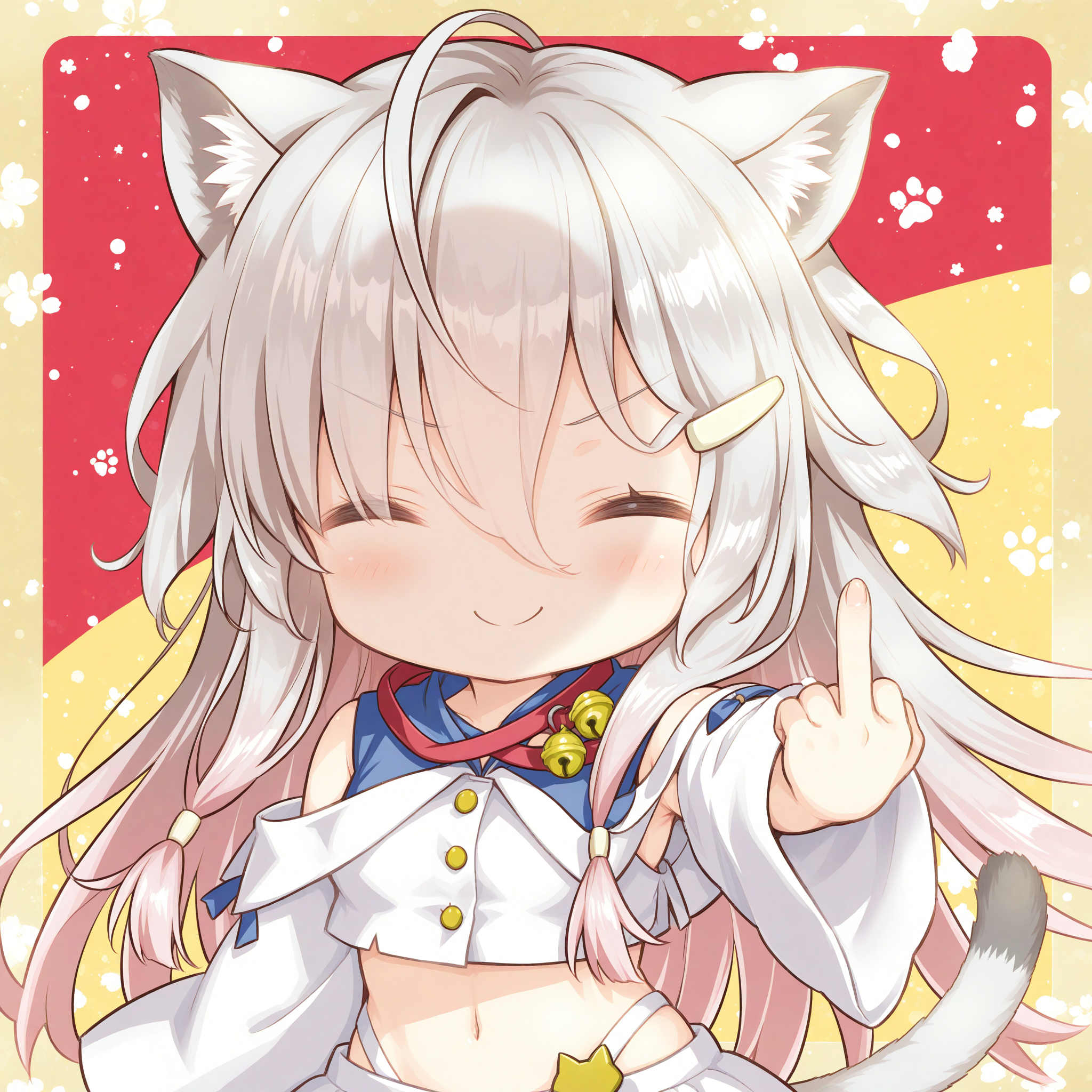 <lora:favorite_sd_art_3-000035:1>,favorite sd art,chibi,
<lora:kuro_3_nai:1>,kuro,hairclip,ahoge,cat girl,cat ears,cat tail,official outfit,crop top,midriff,detached sleeves,bare shoulders,white shirt,sleeveless shirt,neck bell,blue sailor collar,puffy long sleeves,wide sleeves,
1girl,solo,smile,^_^,angry,hand_focus,arm at side,outstretched arm,middle_finger,mittelt,