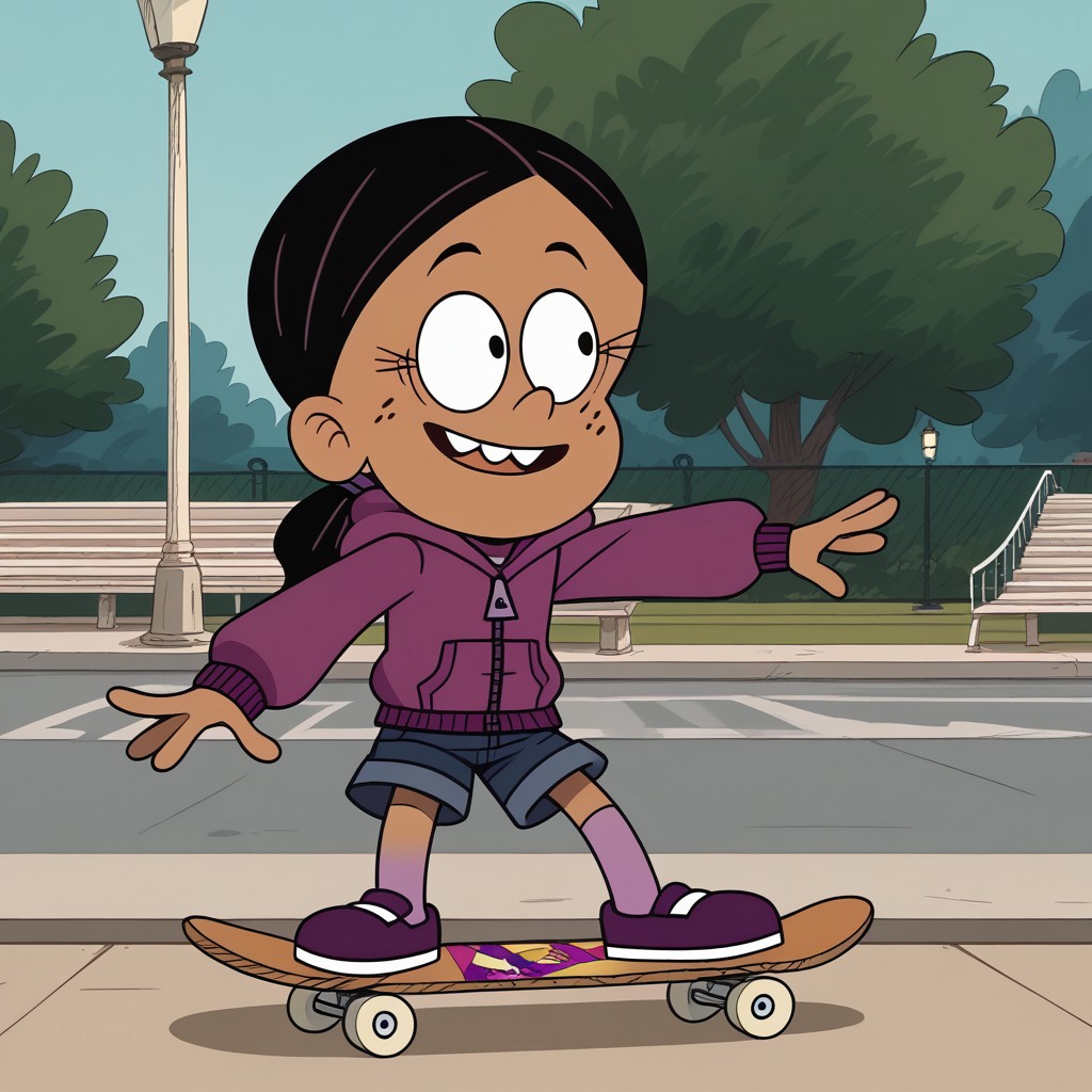 score_9, score_8_up, score_7_up, score_6_up, 1girl,solo,best quality,4k,
dark tan skin, black hair worn in a low ponytail, freckles on her cheeks, two buck teeth,show accurate, perfect anatomy, four fingers,
purple hooded jacket, dark blue jean shorts, and dark purple flats with light pink socks,
skateboarding, public park,