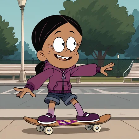 score_9, score_8_up, score_7_up, score_6_up, 1girl,solo,best quality,4k,
dark tan skin, black hair worn in a low ponytail, freckles on her cheeks, two buck teeth,show accurate, perfect anatomy, four fingers,
purple hooded jacket, dark blue jean shorts, and dark purple flats with light pink socks,
skateboarding, public park,