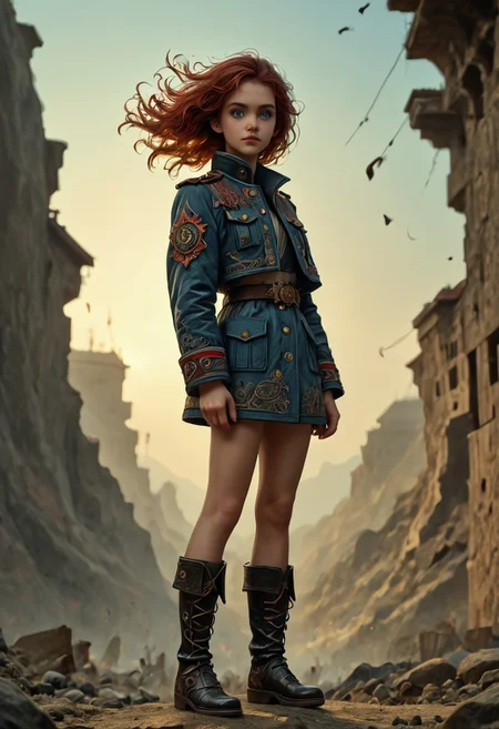 1girl, side view, she is Nausica of the Valley of the Wind, solo, masterpiece, absurdres, best quality, (colorful), cinematic lighting, realistic, dynamic pose, extremely detailed, head turned to look at viewer, red hair, beautiful detailed face,(intricate detailed blue short military jacket with gold inlaid, short miniskirt, military black boots), ((she has an extremely detailed flintlock musket in her hands)), stands alone on top of a crag among the mountains with a deep valley below, there are big stone windmills down in the valley with their blades turning in the strong wind, solo, masterpiece, absurdres, dynamic pose, the Sun shines over her, sun rays in her hair,subsurface scattering, remarkable color, ultra realistic, textured skin, remarkable detailed pupils, realistic dull skin noise, visible skin detail, skin fuzz, dry skin, bokeh, sharp focus on subject. no headgear,extremely detailed, looking at viewer, beautiful detailed face, subsurface scattering, remarkable color, ultra realistic, textured skin, realistic dull skin noise, visible skin detail, skin fuzz, dry skin, bokeh, sharp focus on subject.
