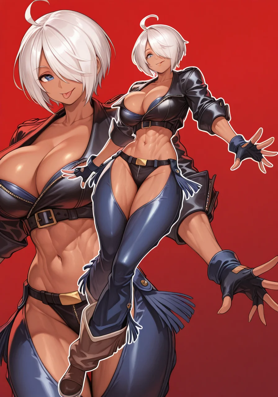 1girl, ahoge, angel \(kof\), bodysuit, dark skin, full body, red background, red theme, standing, baggy pants, cleavage, crop top, cropped jacket, curvy, fingerless gloves, gloves, hair over one eye, large breasts, leather, leather jacket, midriff, navel, pants, short hair, smile, solo, strapless, strapless bra, toned, toned female, tongue, tongue out, underwear, white hair, wide hips, BREAK character_concept, cowboy_shot, (foreshortening:1.2, dutch_angle:1.25), <lora:illustrious_quality_modifiers_masterpieces_v1:1> masterpiece, very aesthetic, absurdres, <lora:Gao_IL_Concept_epoch_10:1> 640, reference sheet, gradient background, (white outline, zoom layer:1.2), (full body), dynamic pose