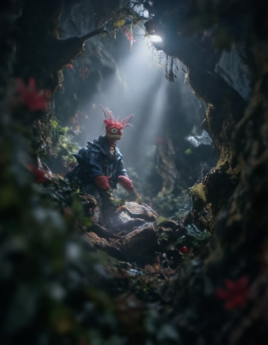 Abstract Lighting Effects, Hyperrealism, Midjourney Style, Photorealism, Cinematic, High Fidelity, Realism, Light Play, chiaroscuro, play of shadow and light, Pepe Prawn King in forrest, mythp0rt <lora:pepe-king-prawn:1>  <lora:FluxMythP0rtr4itStyle:0.8> <lora:anhei_first_flux_lora_v1:0.9> <lora:Magic of Art (FLUX):0.7>