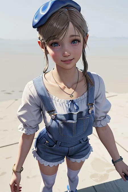 (best quality, masterpiece:1.2), chara-sheet, (photorealistic:1.2), Sherry Birkin, blue overalls, blue cabbie hat, white shirt, frilly sleeves, necklace, bracelet, white thighhighs, blue sneakers, smile, standing, simple white background, cinematic composition, extreme detail, beautiful face, cute face, detailed face, detailed background, sharp focus, bokeh