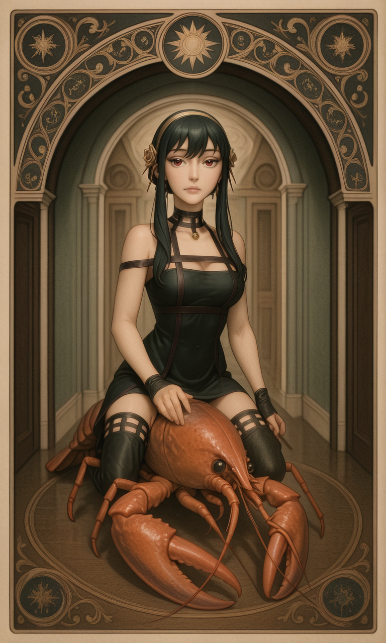 embedding:IllusP0s, pov peephole, riding lobster, fisheye art nouveau, tarot_\(medium\), 1girl, yor_briar_\(spy x family\),<lora:art_nouveau_tarot_medium_illustrious.safetensors:1.0:1.0> <lora:pov peephole_riding lobster_fisheye_illustrious.safetensors:1:1>