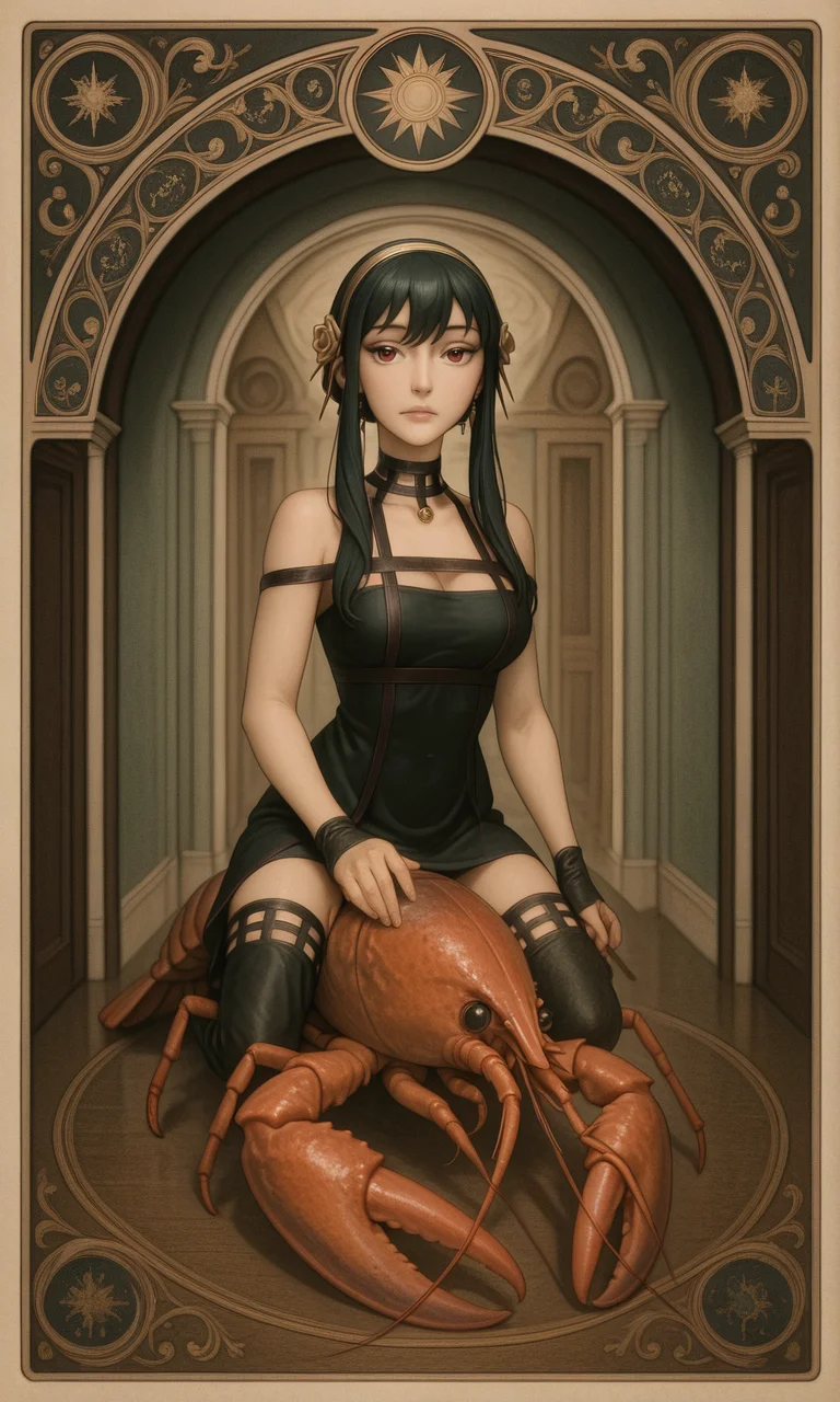 embedding:IllusP0s, pov peephole, riding lobster, fisheye art nouveau, tarot_\(medium\), 1girl, yor_briar_\(spy x family\),<lora:art_nouveau_tarot_medium_illustrious.safetensors:1.0:1.0> <lora:pov peephole_riding lobster_fisheye_illustrious.safetensors:1:1>