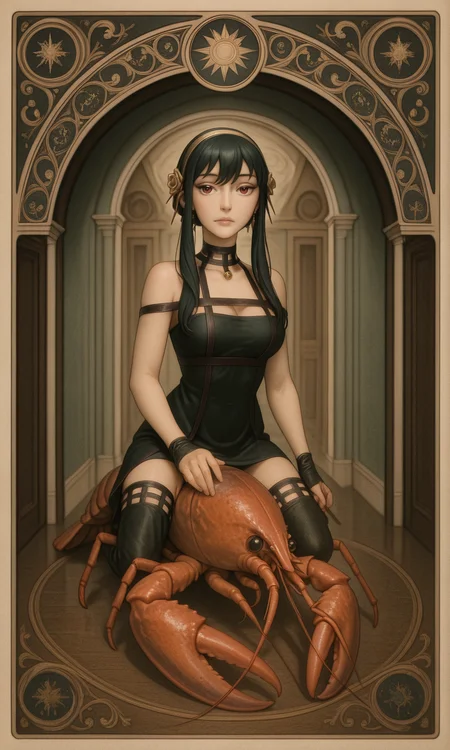 embedding:IllusP0s, pov peephole, riding lobster, fisheye art nouveau, tarot_\(medium\), 1girl, yor_briar_\(spy x family\),<lora:art_nouveau_tarot_medium_illustrious.safetensors:1.0:1.0> <lora:pov peephole_riding lobster_fisheye_illustrious.safetensors:1:1>