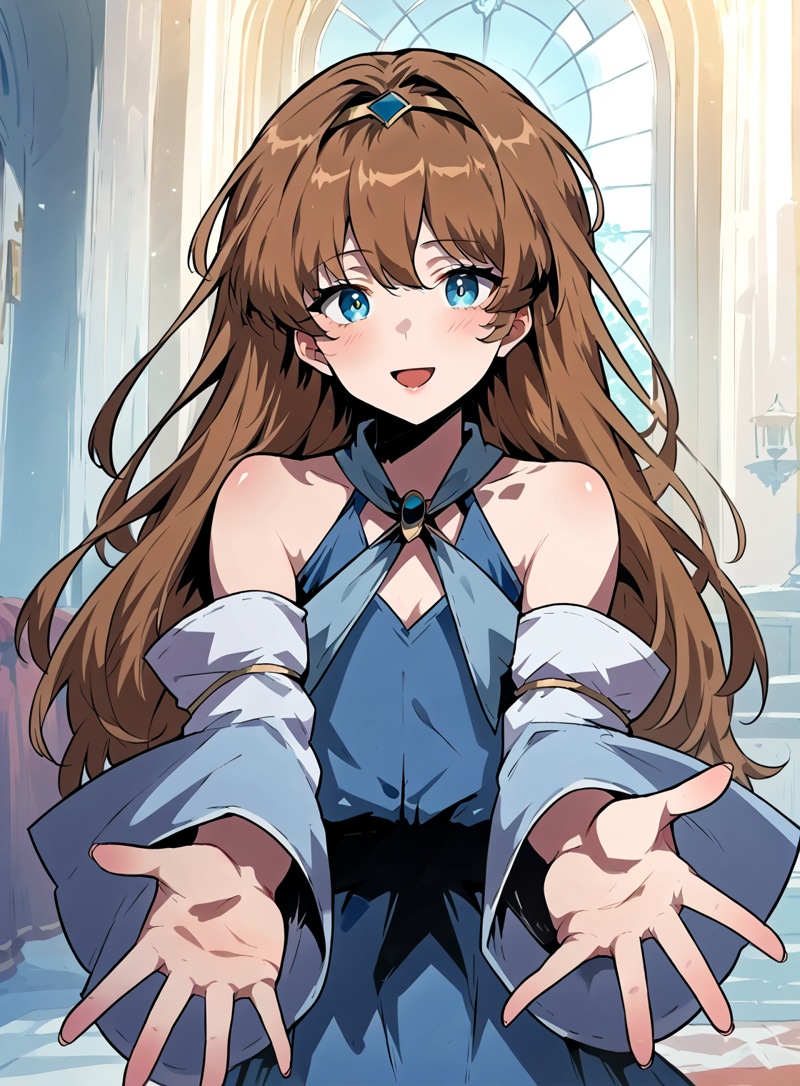 <lora:Anjac_Protesia:1>
1 girl, solo, brown hair, long hair, hair between eyes, bangs, blue eyes, 
blue dress,  detached sleeves, hairband, skirt, long dress, wide sleeves, bare shoulders,  <lora:!action-sdxl-V0.5:1>
score_9, score_8_up, score_7_up, score_6_up, source_anime, rating_explicit, 1girl, solo, smile, embarrassed, alcalose eyes, open mouth, mansion, indoors, looking at viewer, outstretched arms, pov, close-up, (head tilt:1.2) <lora:light:1>
