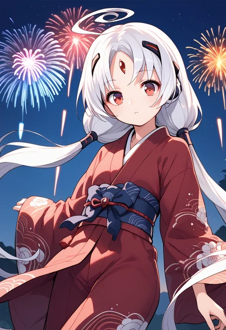 score_9, score_8_up, score_7_up, source_anime BREAK 1girl, solo, <lora:uni_vatista:1>, uni_vatista, cowboy shot, yukata, Japanese clothes, white hair, low twintails, very long hair, ahoge, jewel, parted bangs, hair ornament, robot ears, red eyes, looking at you, aerial fireworks, night sky