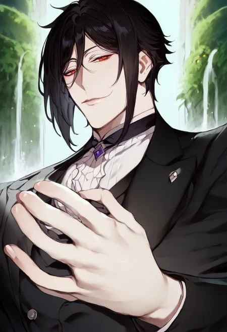 anime artwork, score_9, score_8_up, score_7_up, score_6_up, score_5_up, 1boy, red eyes, garden, fountain, sunny, bliss, fully black hair, black butler outfit, handsome, white gloves, detailed clothing, masterpiece, straight hair, suit, simple cotton gloves, solo, closer to the face,
<lora:Floox_Style:1>, , detailed eyes, close up, camera from below, looking down, Sebastian black butler, black butler, Sebastian michaelis, Kurishitsuji, smile, pale skin, handsome man, bowing, kissing Pov hand, pov female hand, bigger eyes, looking at viewer, kissing viewer's hand, anime nose,