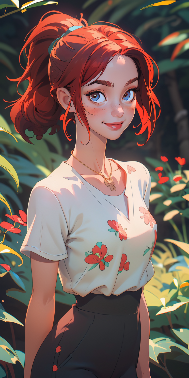 (masterpiece, best quality), 1girl, collarbone, wavy hair, looking at viewer, blurry foreground, upper body, necklace, contemporary, plain pants, ((intricate, print, pattern)), ponytail, freckles, red hair, dappled sunlight, smile, happy,