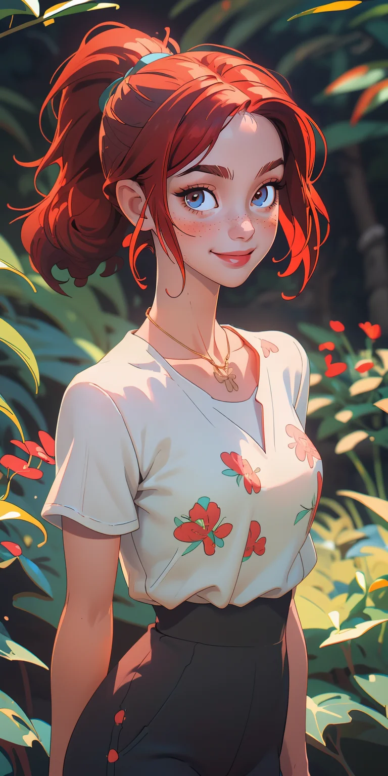 (masterpiece, best quality), 1girl, collarbone, wavy hair, looking at viewer, blurry foreground, upper body, necklace, contemporary, plain pants, ((intricate, print, pattern)), ponytail, freckles, red hair, dappled sunlight, smile, happy,